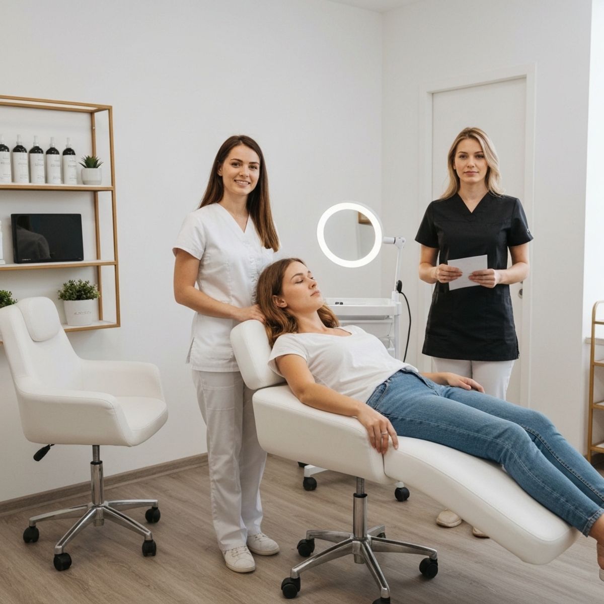 Modern beauty institute reception with comfortable seating, natural lighting, professional therapist greeting young female client in welcoming atmosphere