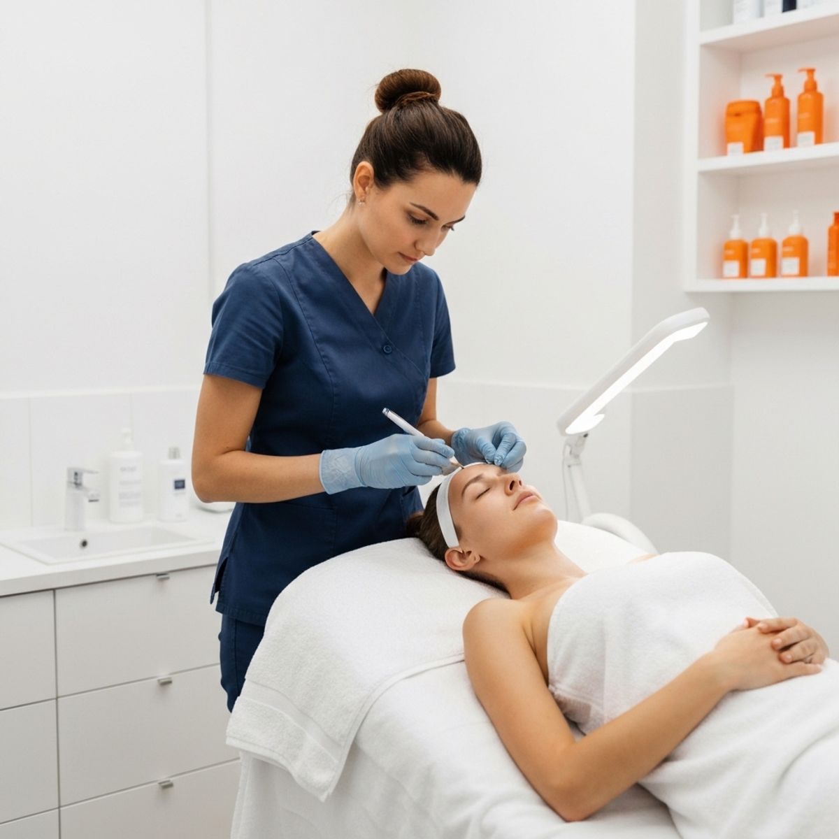 Professional beautician performing facial treatment on client in modern spa setting, clean white treatment room with natural lighting, wearing hygiene gloves