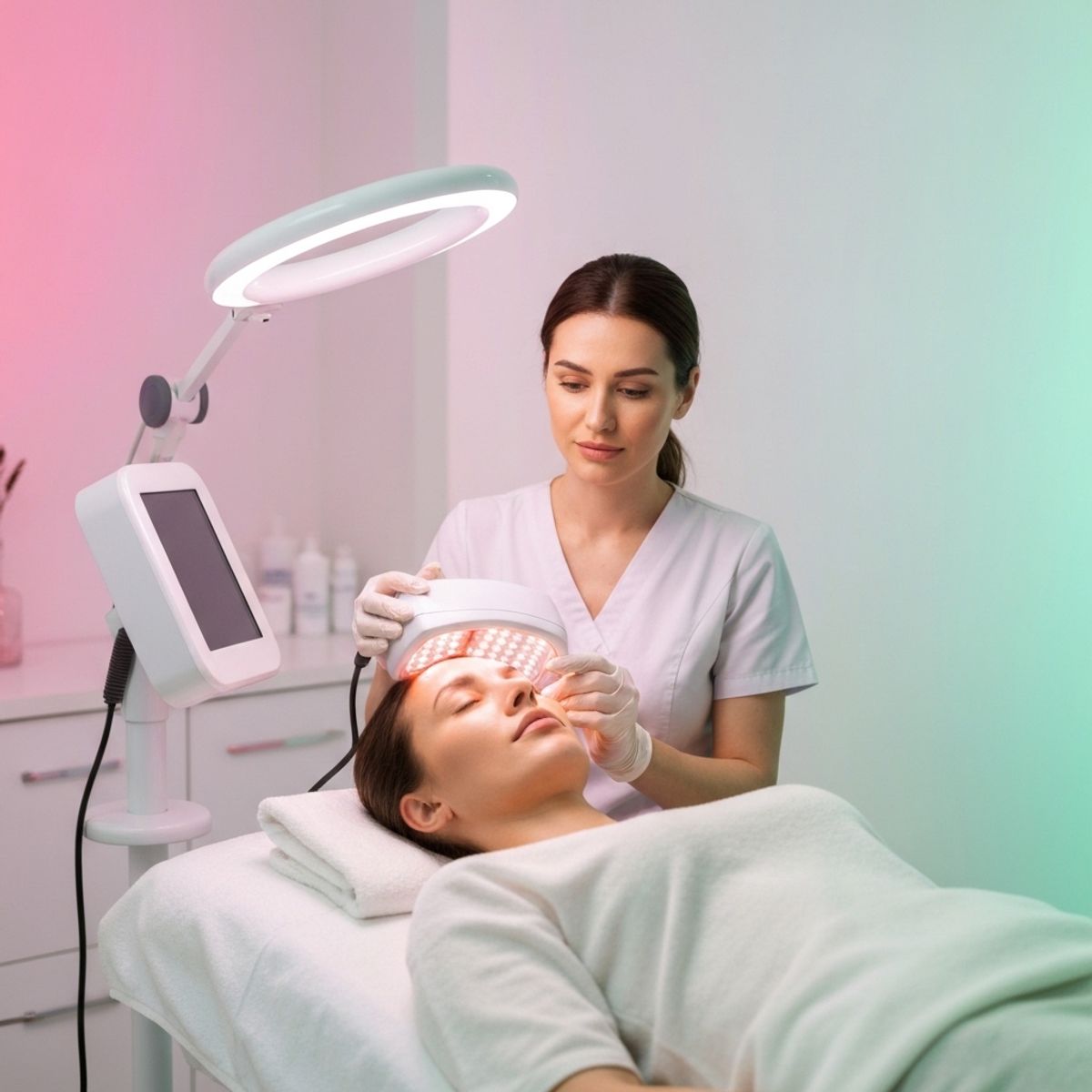 Professional beautician operating modern LED light therapy device on client's face in clean, minimalist treatment room with soft lighting