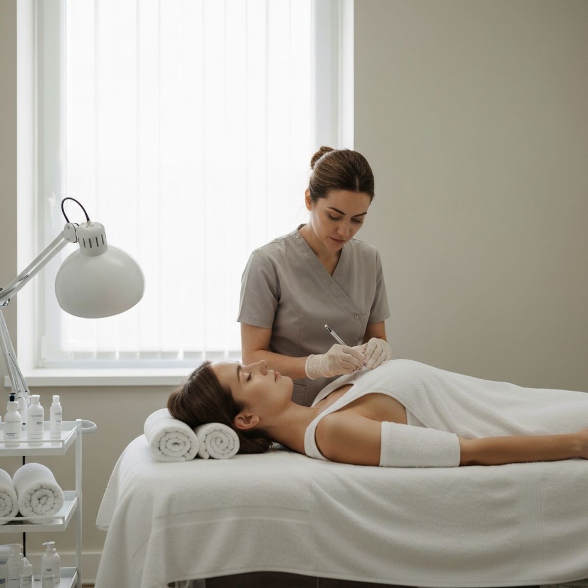 [Close-up of a relaxing facial treatment being performed by a professional esthetician in a clean, calm environment.]