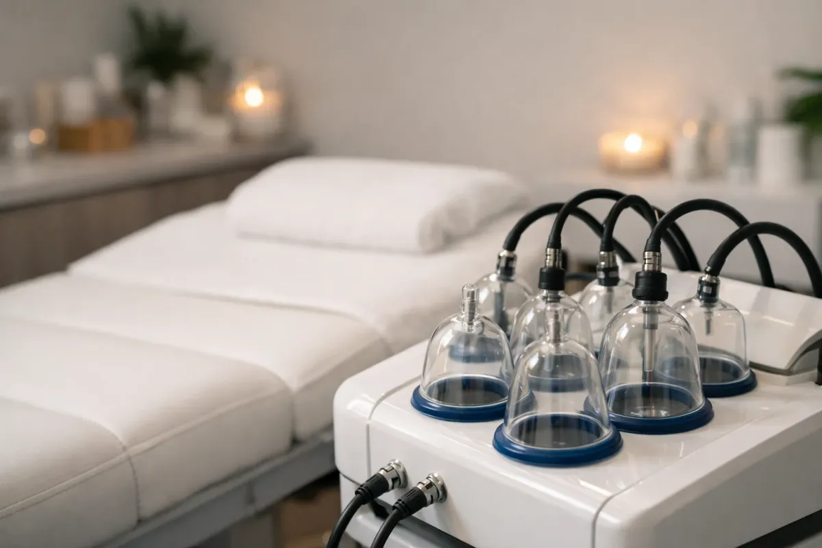 Salle de soin esthétique moderne avec lit de massage blanc, ventouses connectées professionnelles et lumière tamisée créant une ambiance relaxante, équipement high-tech pour lifting colombien visible en arrière-plan