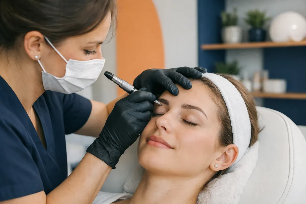 Professional beautician performing microblading eyebrow procedure in modern Swiss beauty salon, close-up of precise technique with natural lighting, client relaxed on treatment chair
