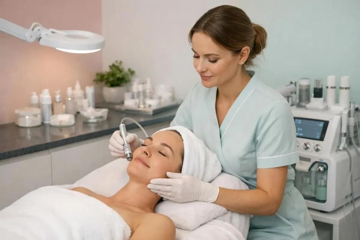 Professional beautician performing advanced facial treatment with modern equipment on relaxed client in elegant treatment room with subtle lighting and premium skincare products, serene spa atmosphere showing expertise and care