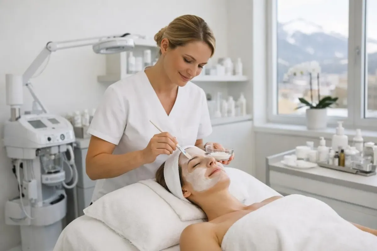Professional esthetician in white uniform performing personalized facial treatment on client in modern, bright beauty institute room with treatment bed and professional skincare equipment, Swiss beauty clinic setting