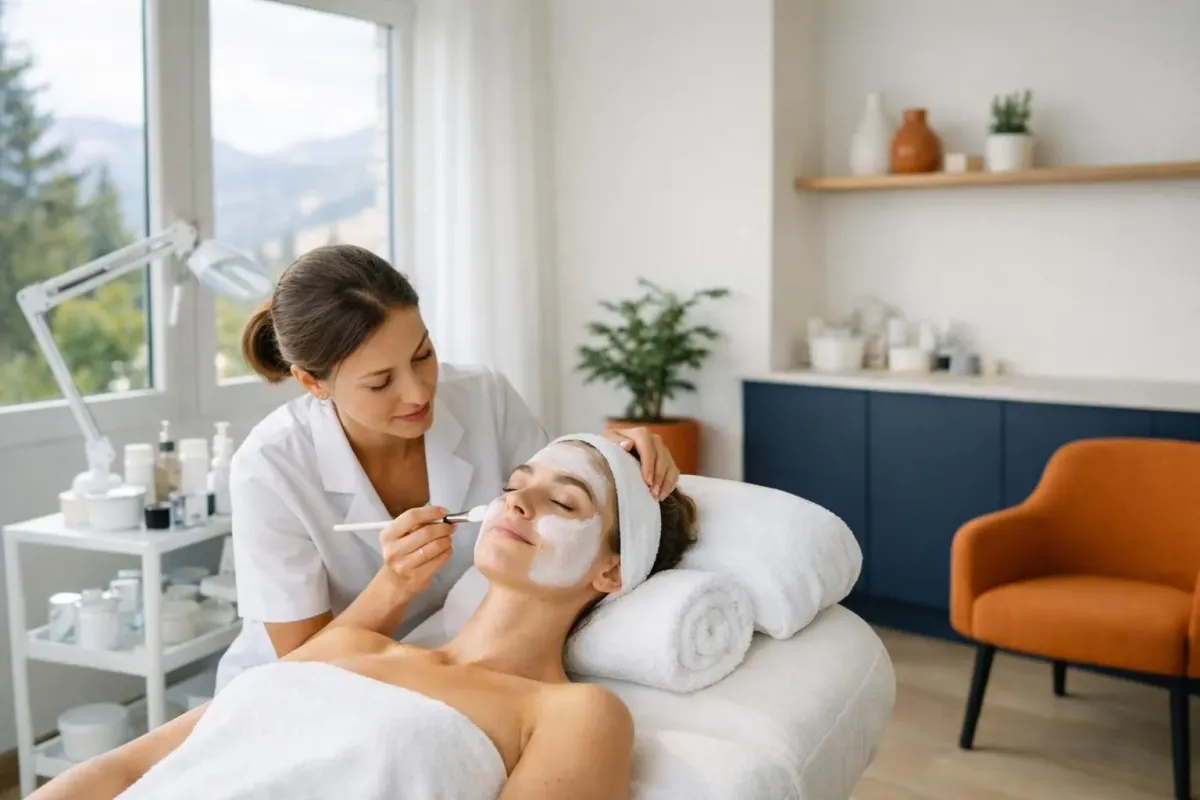 Professional beautician performing facial treatment on relaxed client in modern Swiss beauty salon on Sunday, natural lighting through large windows, peaceful wellness atmosphere, no text visible