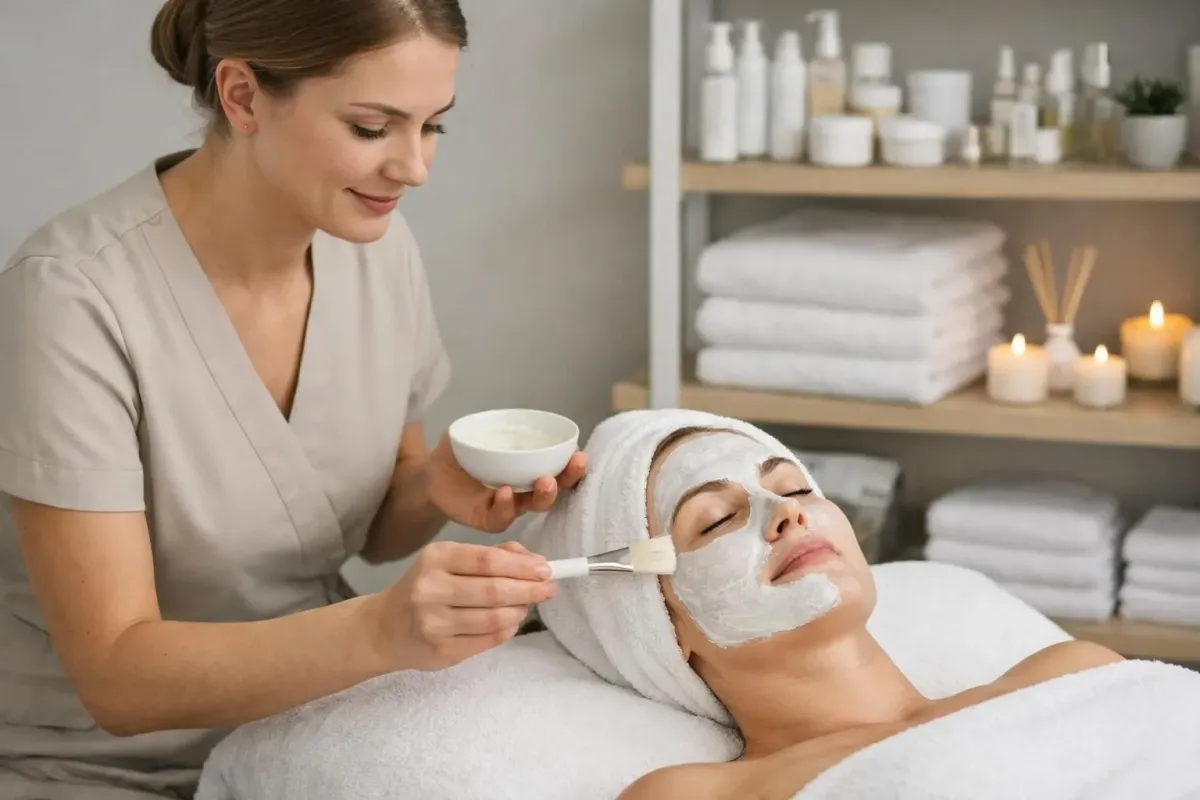 Professional beauty therapist applying facial mask to relaxed female client in modern treatment room with soft lighting, clean white towels, beauty care products on shelf, wellness atmosphere, photorealistic style