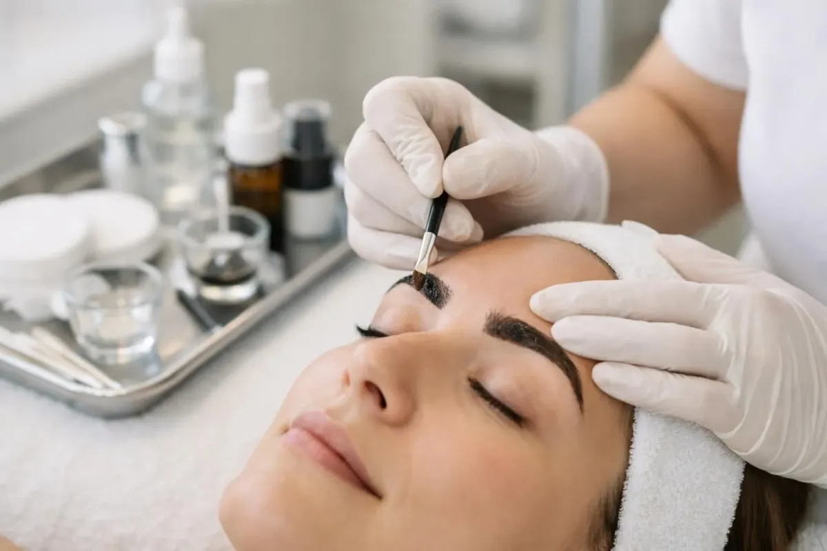 Close-up view of a beauty professional applying tint to a client's eyebrows using a precision brush in a bright, modern beauty salon. The client is relaxed on a treatment bed with protective cream around the eye area. Professional beauty tools and tinting products visible on a tray nearby. Clean, hygienic environment with soft natural lighting highlighting the meticulous application process.