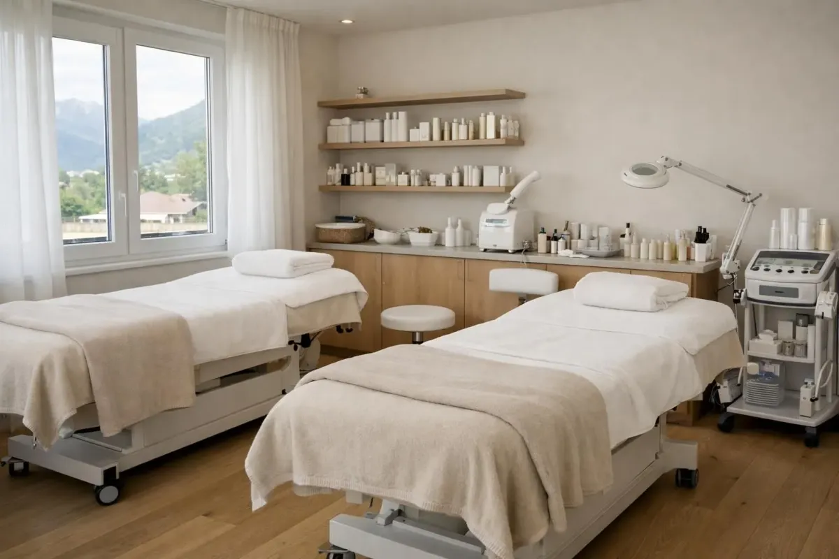 Interior of a modern beauty salon with professional treatment rooms, showing massage tables and facial care equipment in soft natural lighting. Clean, welcoming atmosphere with beauty products displayed on shelves. Scene captures the essence of a professional Swiss beauty institute offering multiple services including facials, body treatments and wellness therapies. No text, labels or signs visible.