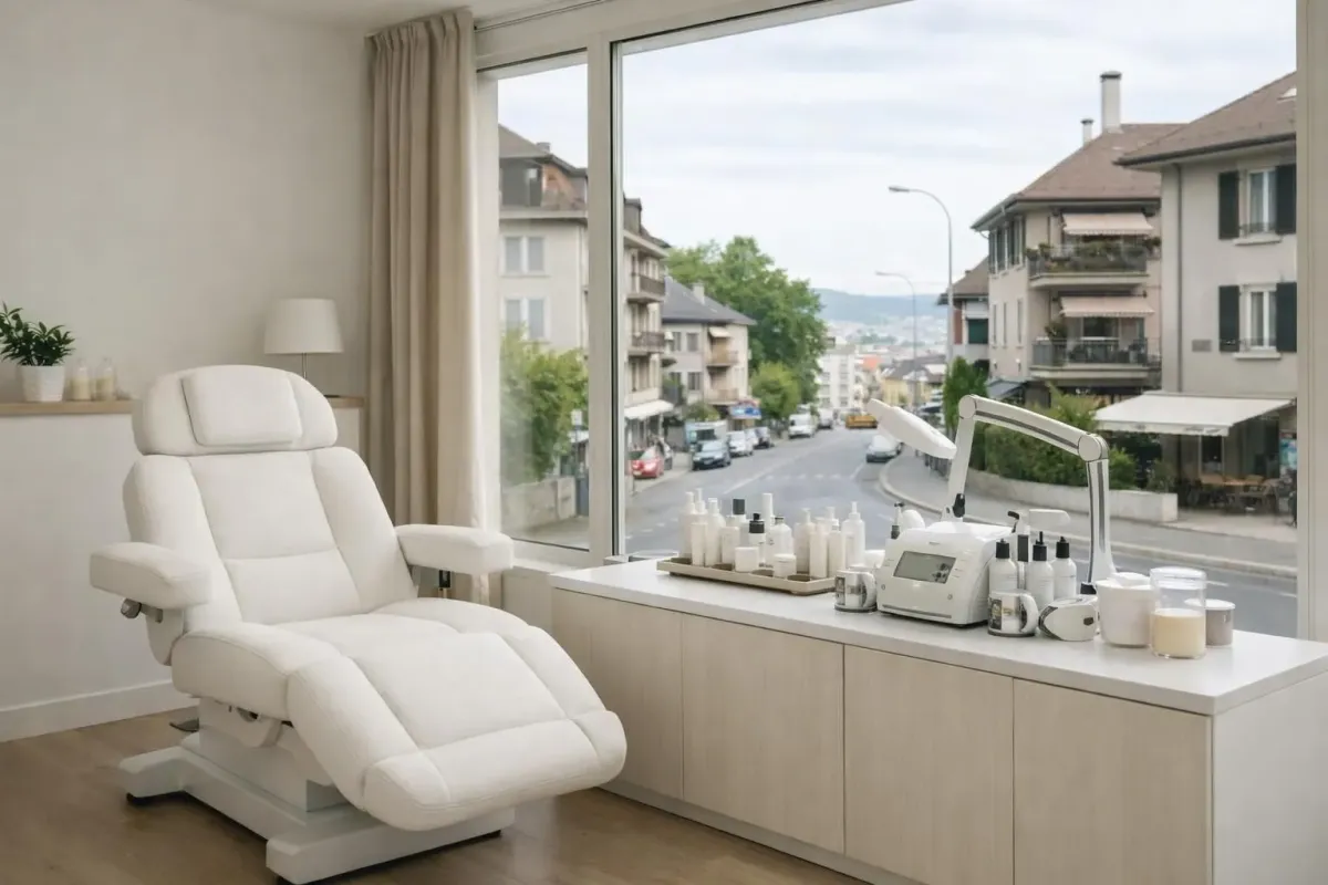 Modern beauty salon interior in Chailly-Lausanne neighborhood, with comfortable treatment chair, professional skincare equipment on elegant counter, soft natural lighting through window showing urban Swiss street view, clean minimalist decor in neutral tones, welcoming atmosphere for beauty treatments