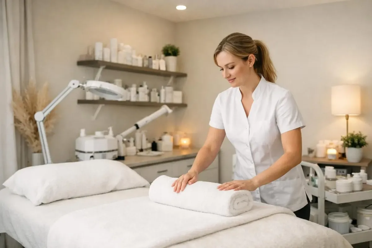 Professional beauty therapist preparing a comfortable treatment room at Institut Perle with adjustable lighting, clean equipment, and calming interior design showing attention to client comfort during intimate beauty treatments