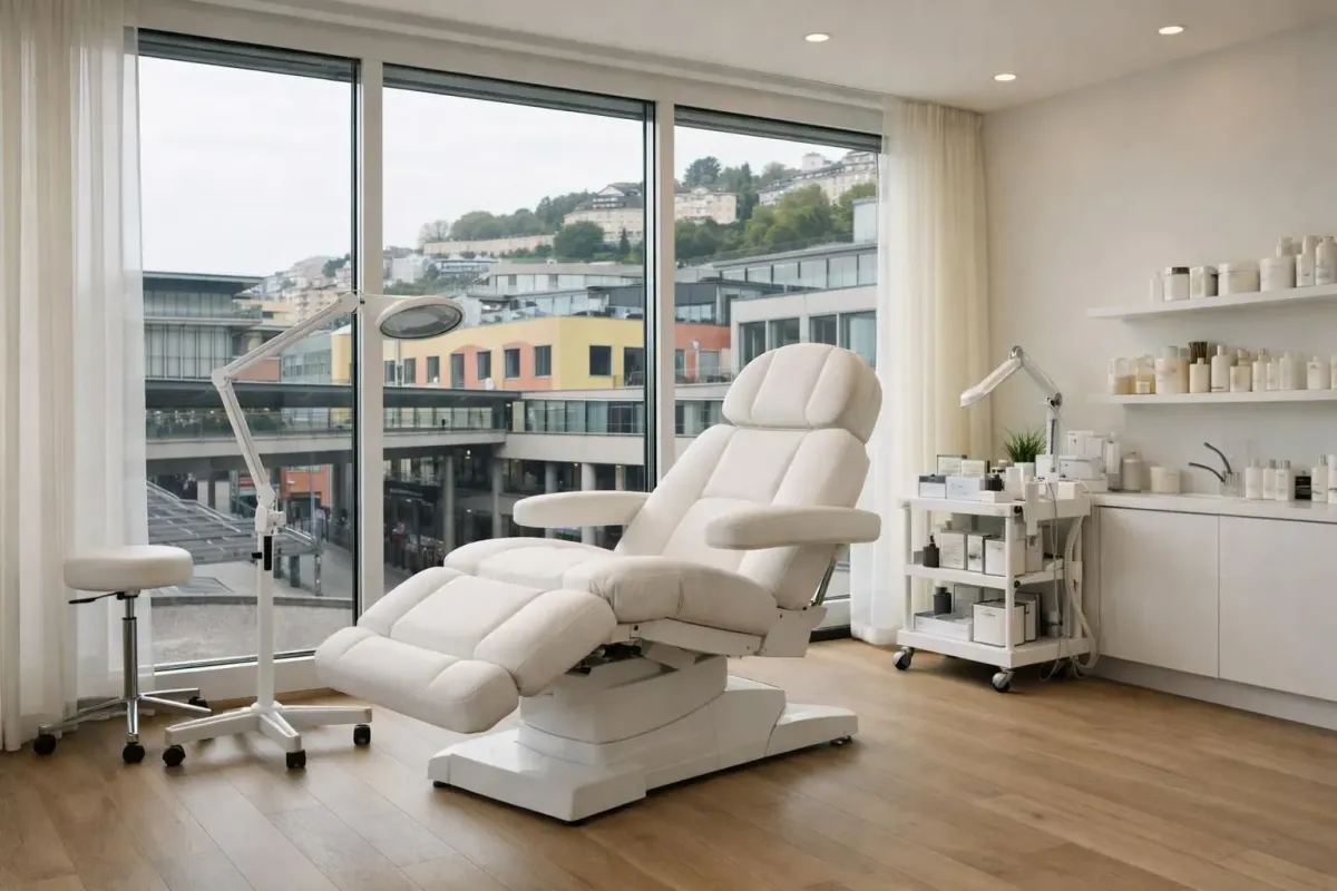 Elegant beauty treatment room in modern Lausanne Flon district featuring sleek interior design with comfortable treatment chair, professional beauty equipment, large windows showing urban neighborhood views, warm ambient lighting, clean minimalist aesthetic reflecting Swiss quality standards