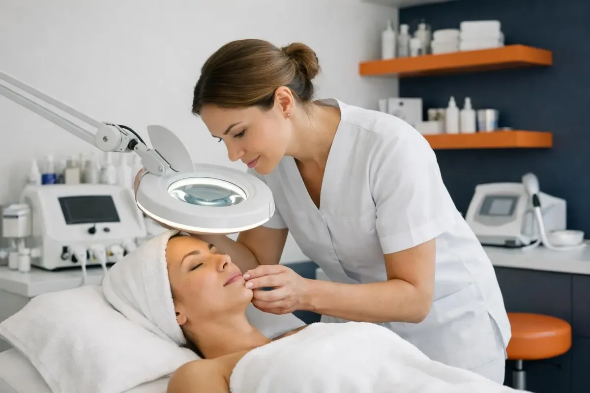 Professional aesthetician examining skin texture on patient's abdomen using magnifying lamp in modern Swiss beauty institute treatment room with medical equipment visible
