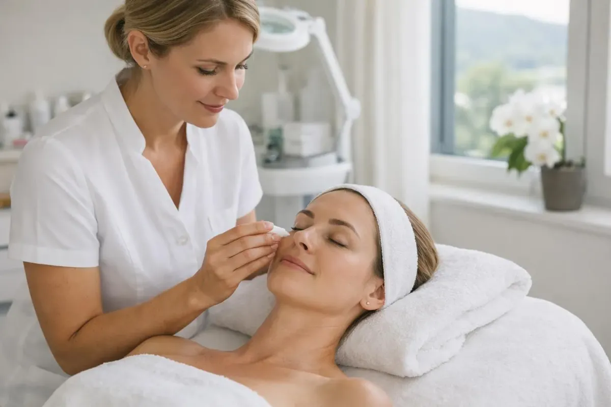 Professional beautician gently applying specialized eye cream to the under-eye area of a relaxed female client lying on a treatment bed in a clean, modern Swiss beauty institute with soft natural lighting