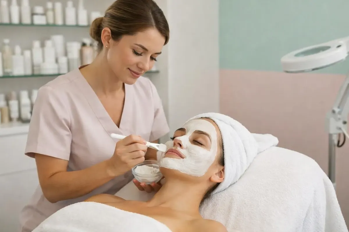 Professional beautician applying facial treatment mask on relaxed female client lying on treatment bed in bright, modern beauty salon with product shelves visible in background
