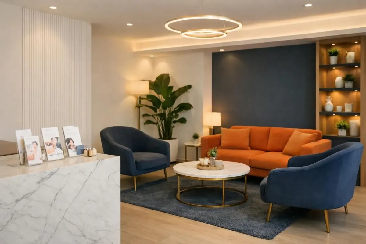 Modern beauty institute reception area with elegant waiting space, soft ambient lighting, promotional brochures on marble counter, welcoming atmosphere with comfortable seating and subtle botanical elements