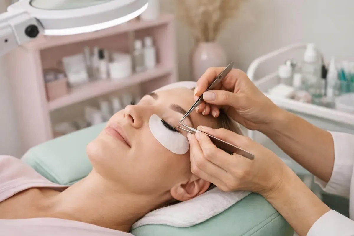 Professional beauty salon interior with modern treatment chair, magnifying lamp, and organized eyelash extension supplies on clean white countertop in Chavannes-près-Renens, natural daylight through window, elegant minimalist aesthetic