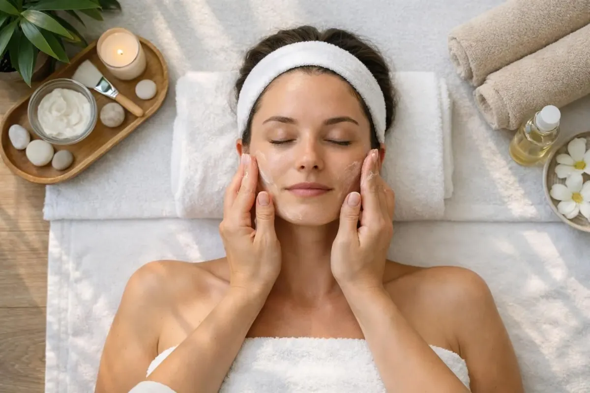 Close-up of smiling woman receiving gentle facial massage treatment in modern spa, therapist's hands applying skincare with natural window light creating warm ambiance, peaceful atmosphere showing genuine contentment and relaxation
