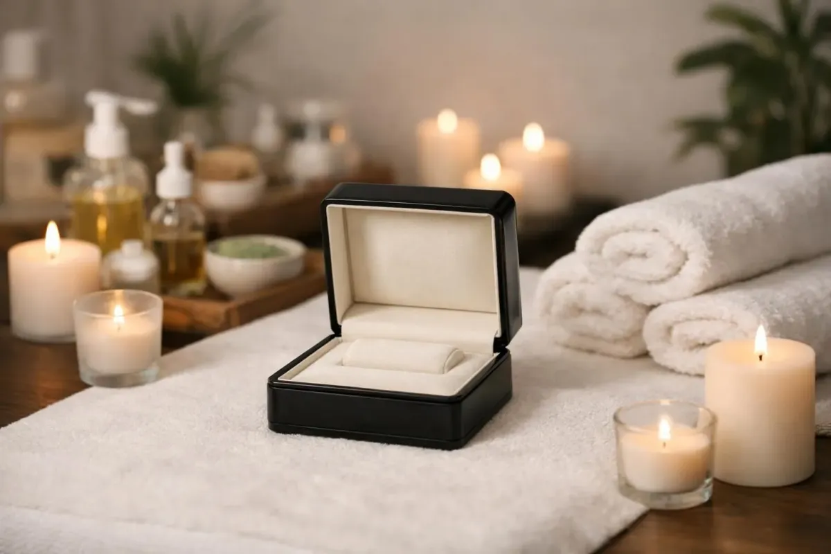 Elegant beauty gift box on spa treatment table with aromatic candles, natural skincare products, and soft towels in professional wellness center, warm lighting creating intimate atmosphere, focus on luxurious presentation without any text or labels