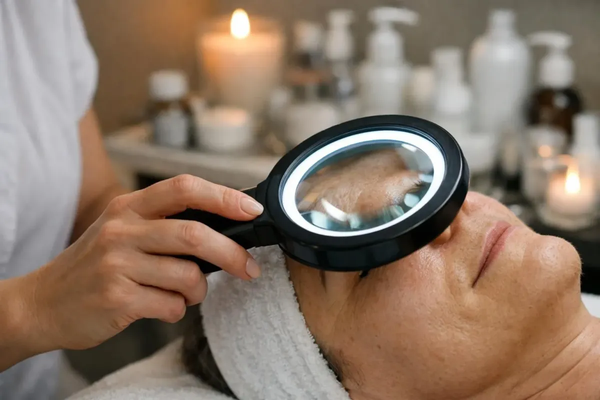 Beauty therapist examining client's skin with magnifying lamp during personalized consultation, professional treatment room with skincare products visible, warm lighting creating intimate atmosphere, no text or labels