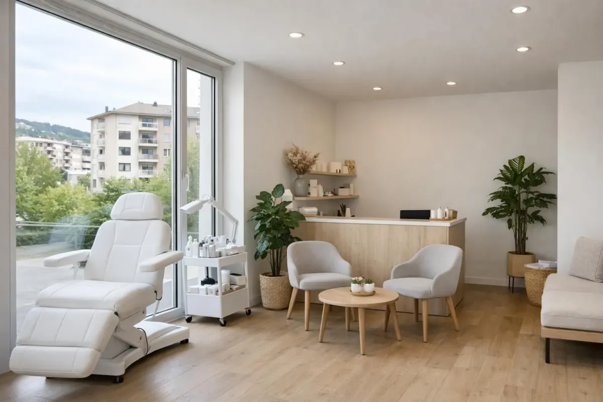 Modern beauty salon interior in Swiss neighborhood showing treatment chair near large window with natural light, welcoming reception area with plants, clean minimalist design reflecting local Renens accessibility and personalized service atmosphere