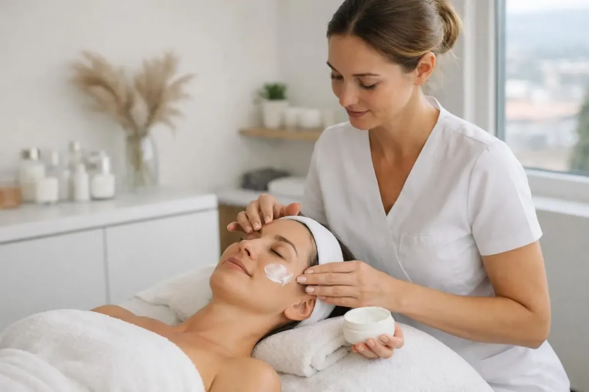 Close-up of a woman receiving a professional hydrating facial treatment in a modern beauty salon, with a therapist applying cream to her face, soft natural lighting, clean and relaxing atmosphere in Lausanne, focus on skin care and hydration