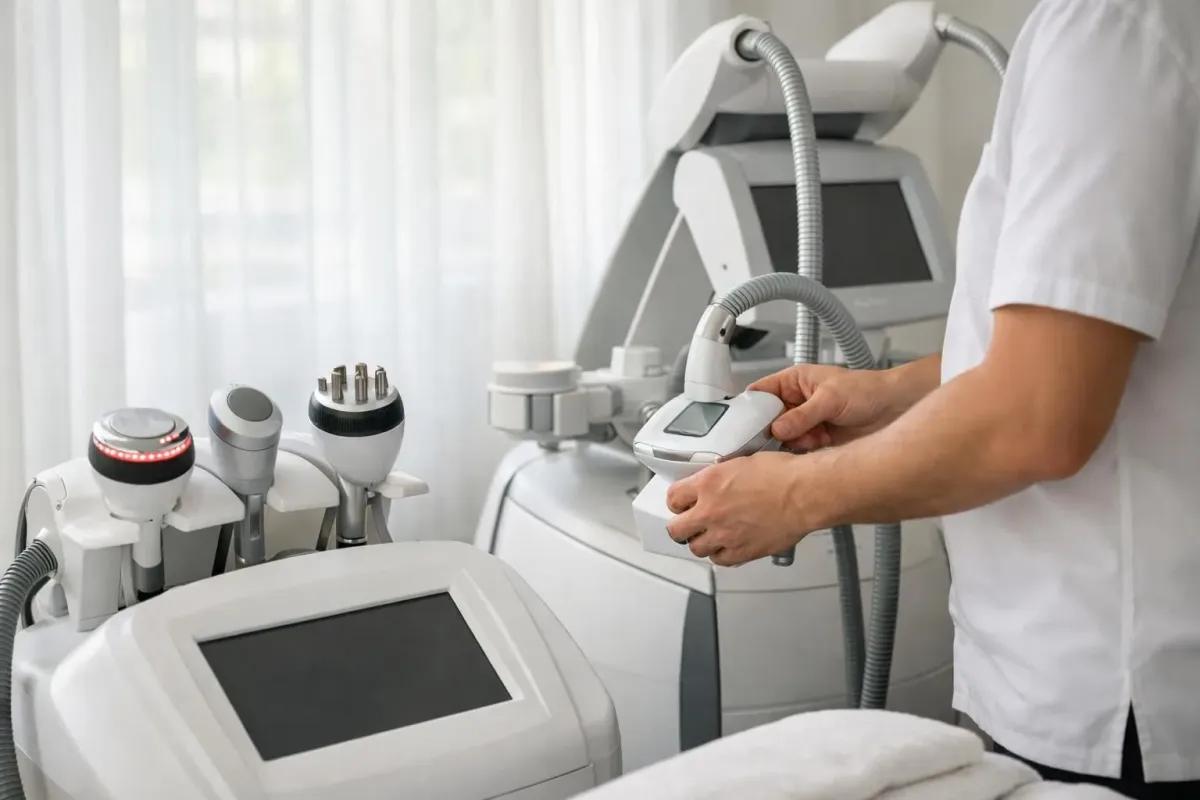 A serene spa treatment room at Institut Perle showing professional equipment for body firming treatments including radiofrequency device and LPG machine, with a therapist preparing the equipment while natural light filters through sheer curtains, creating a calm atmosphere focused on advanced aesthetic technology for skin tightening