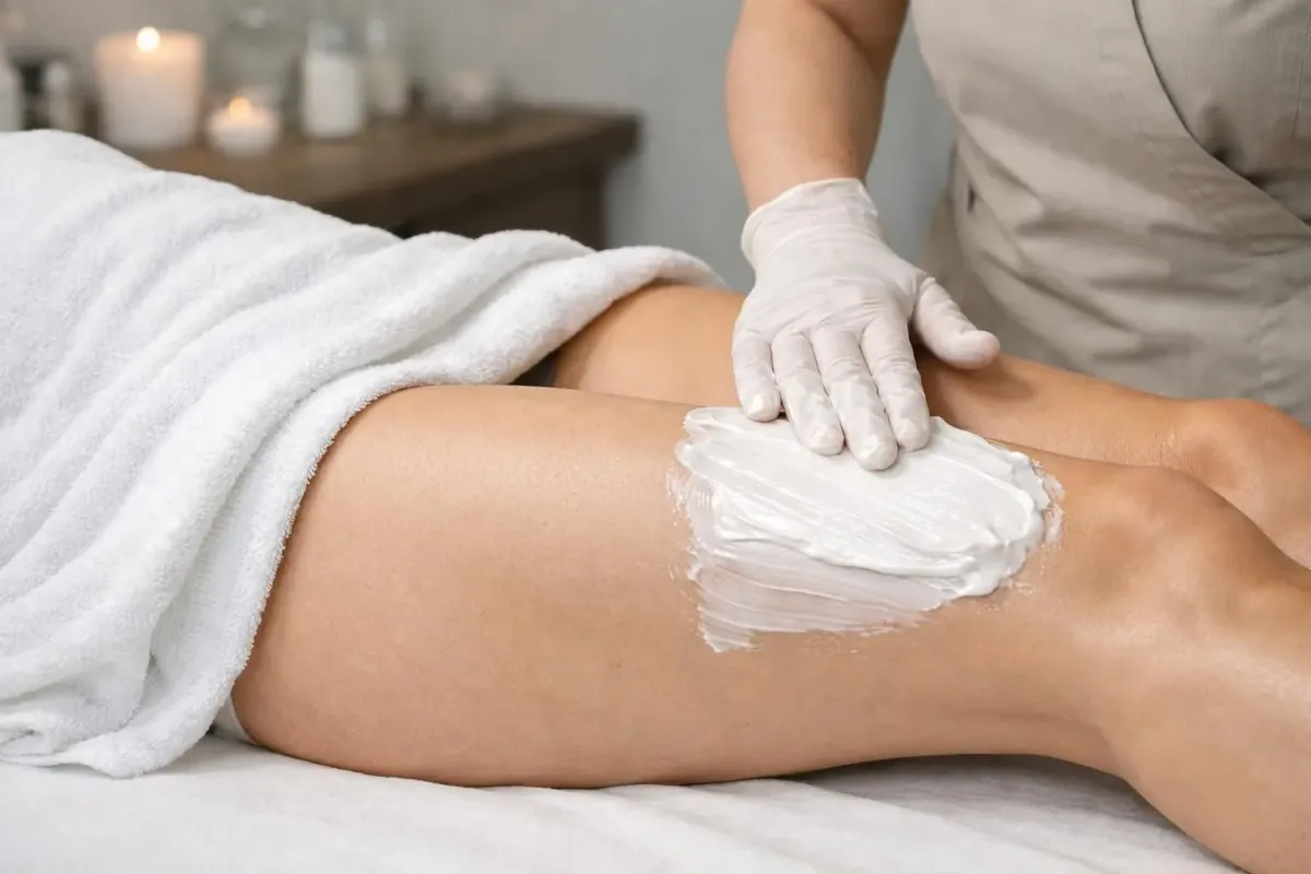 A professional beautician applying firming body treatment on client's thigh in a modern spa treatment room with soft lighting, showing the contrast between treated and untreated skin areas, realistic photography style capturing the professional care environment of body firming treatments