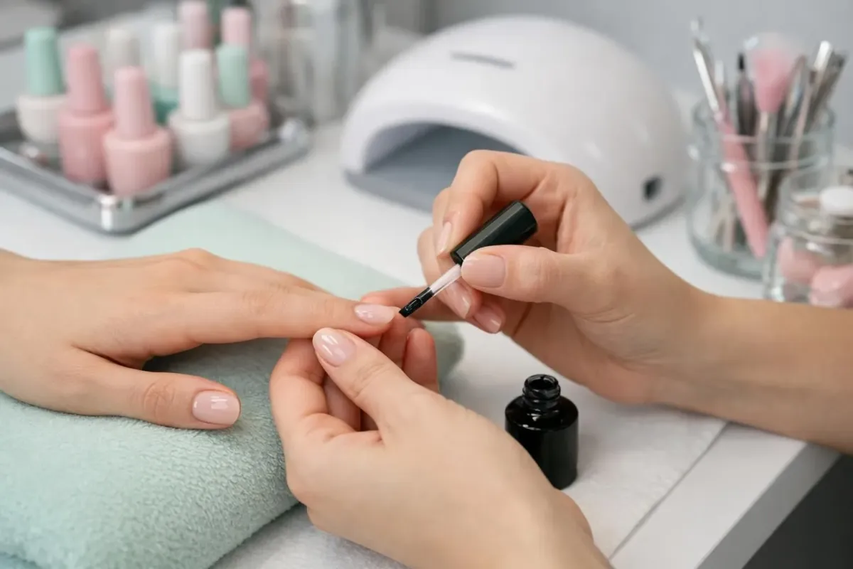 Professional nail technician applying gel polish to client's fingernails in modern beauty salon, showing close-up of hands during manicure treatment with professional equipment visible on table
