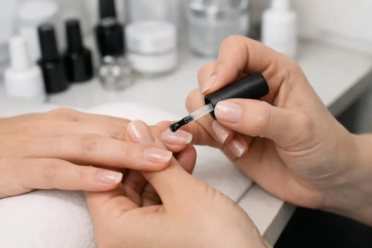 Close-up of skilled nail technician's hands applying transparent gel polish with precision brush onto client's manicured nails in clean, well-lit professional salon workspace with quality product bottles visible in background