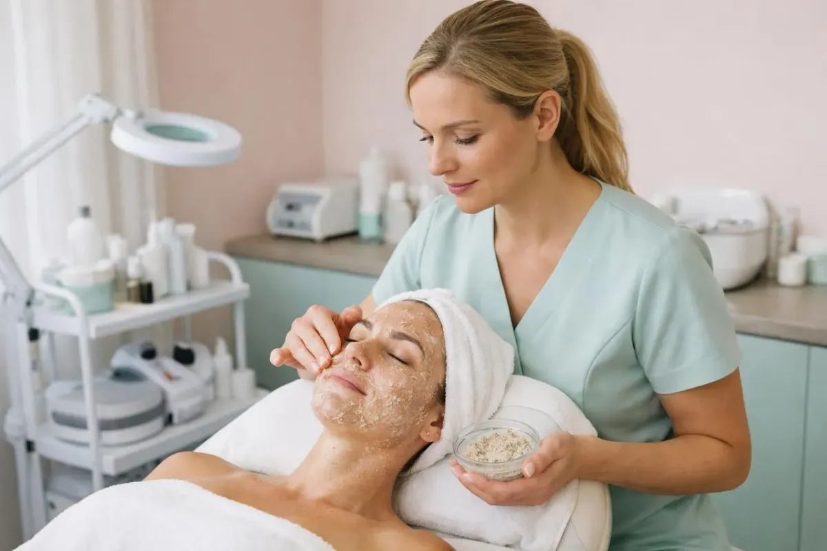 Modern beauty institute treatment room with beautician preparing facial peeling session, professional equipment and comfortable treatment chair visible in bright clinical setting