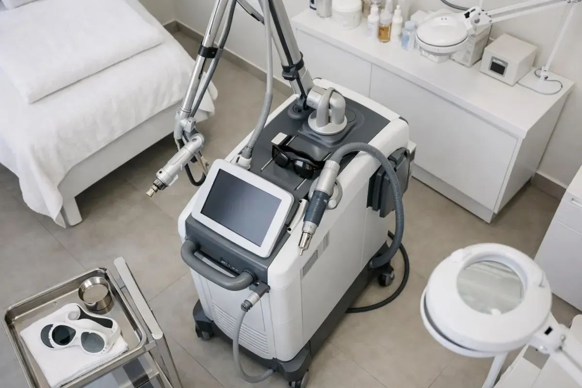 Professional medical-grade laser equipment in modern Swiss beauty institute treatment room, with visible certification labels and safety standards documentation, clinical white setting with sophisticated technology, realistic photography