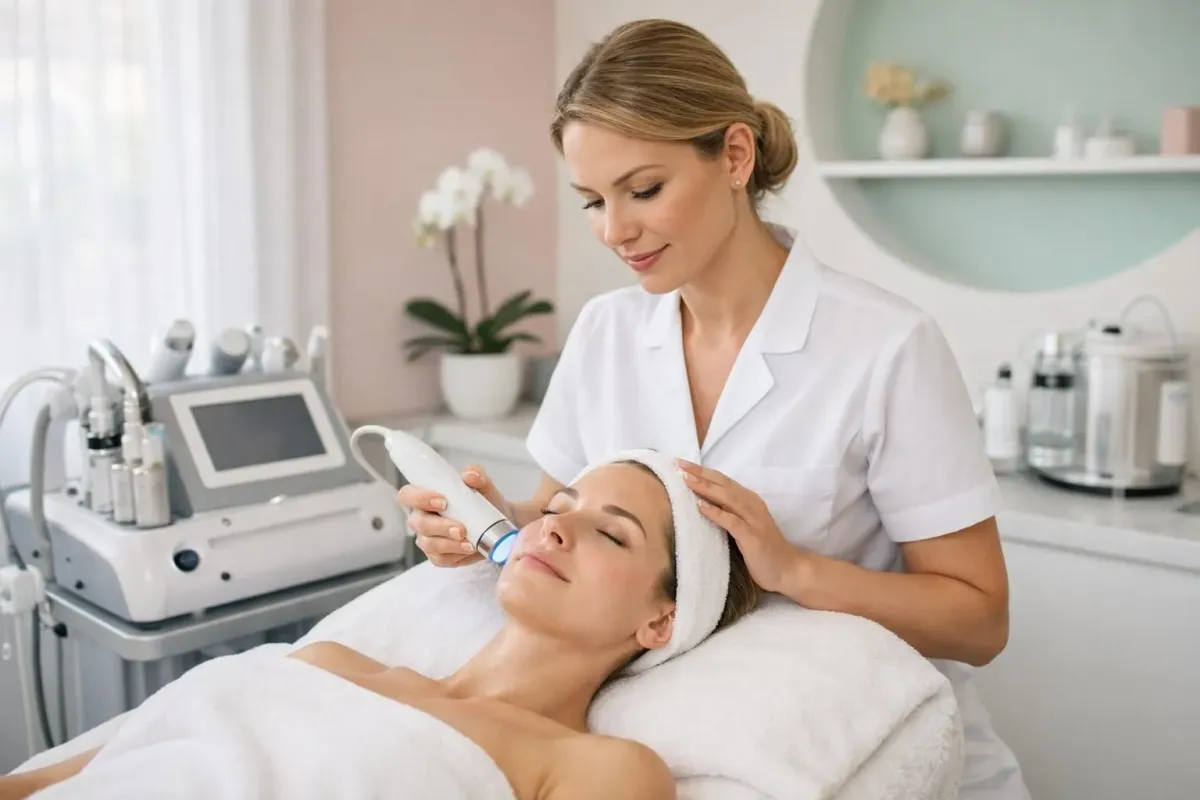 Professional beautician performing advanced facial treatment with modern equipment on relaxed female client in elegant Swiss beauty institute, serene atmosphere with natural lighting and minimalist decor
