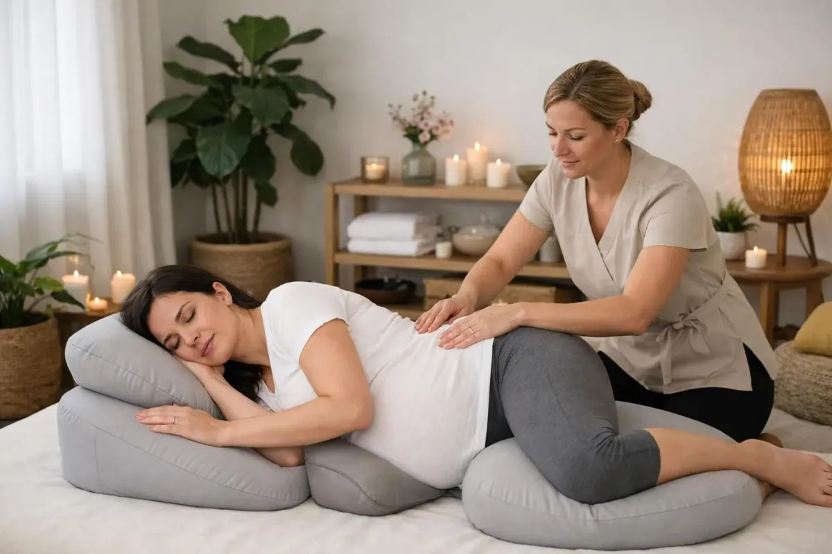 A serene massage therapy room with a pregnant woman lying comfortably on her side on a specialized prenatal massage cushion, with a professional therapist's hands gently massaging her lower back, soft natural lighting through a window, calming spa atmosphere with plants and wooden elements