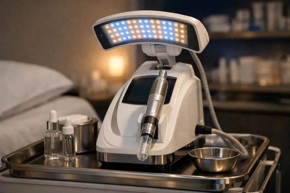 Modern microneedling device with integrated LED light therapy panel in upscale Swiss aesthetic treatment room, showing advanced medical-grade equipment on sterile tray with blue and red LED lights, professional dermatology setting with ambient lighting