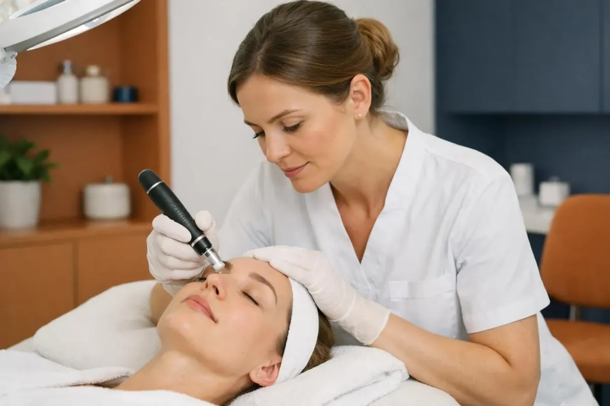 Professional aesthetician wearing medical gloves performing microneedling treatment with derma pen device on female client's facial skin in modern clean beauty clinic with natural lighting