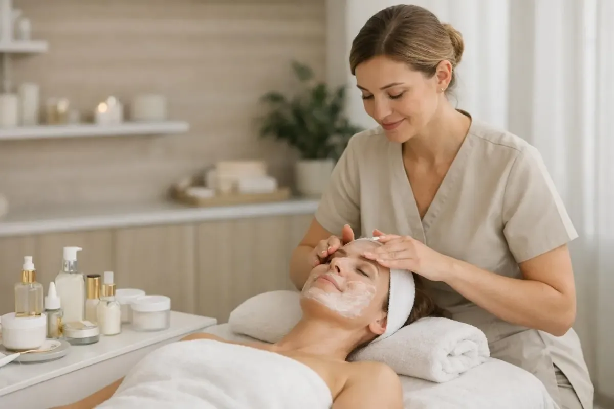 Luxury beauty treatment room with professional esthetician performing personalized facial care on client lying on treatment bed, elegant skincare products arranged on white surface, soft natural lighting through large windows, modern spa interior with calming beige tones