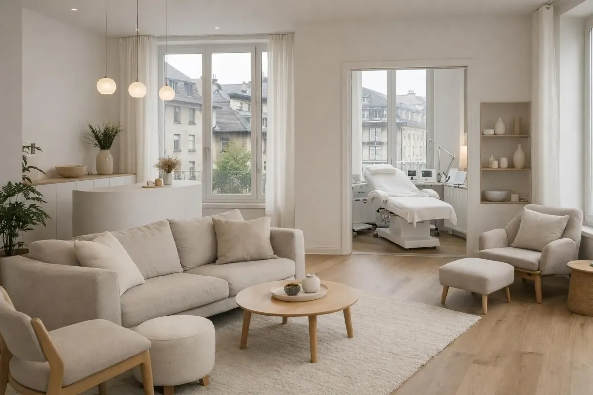 Elegant beauty salon interior on Rue de Bourg in Lausanne showing treatment rooms with modern equipment, natural light streaming through tall windows, minimalist decor with soft colors, professional beauty care setting with comfortable seating area, contemporary Swiss aesthetic blending tradition and modernity