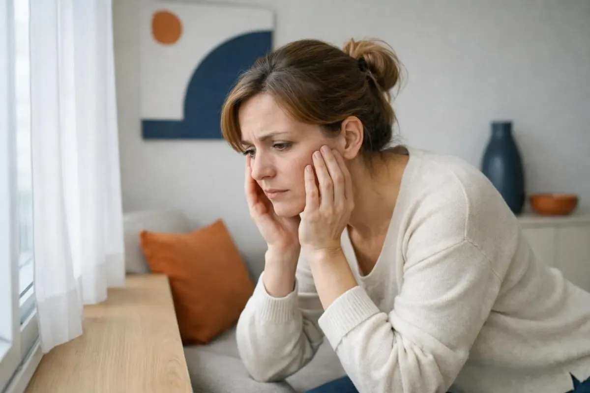Close-up of woman examining her dull, tired skin in natural daylight near a window, concerned expression, indoor setting with soft shadows showing uneven skin texture and lack of radiance