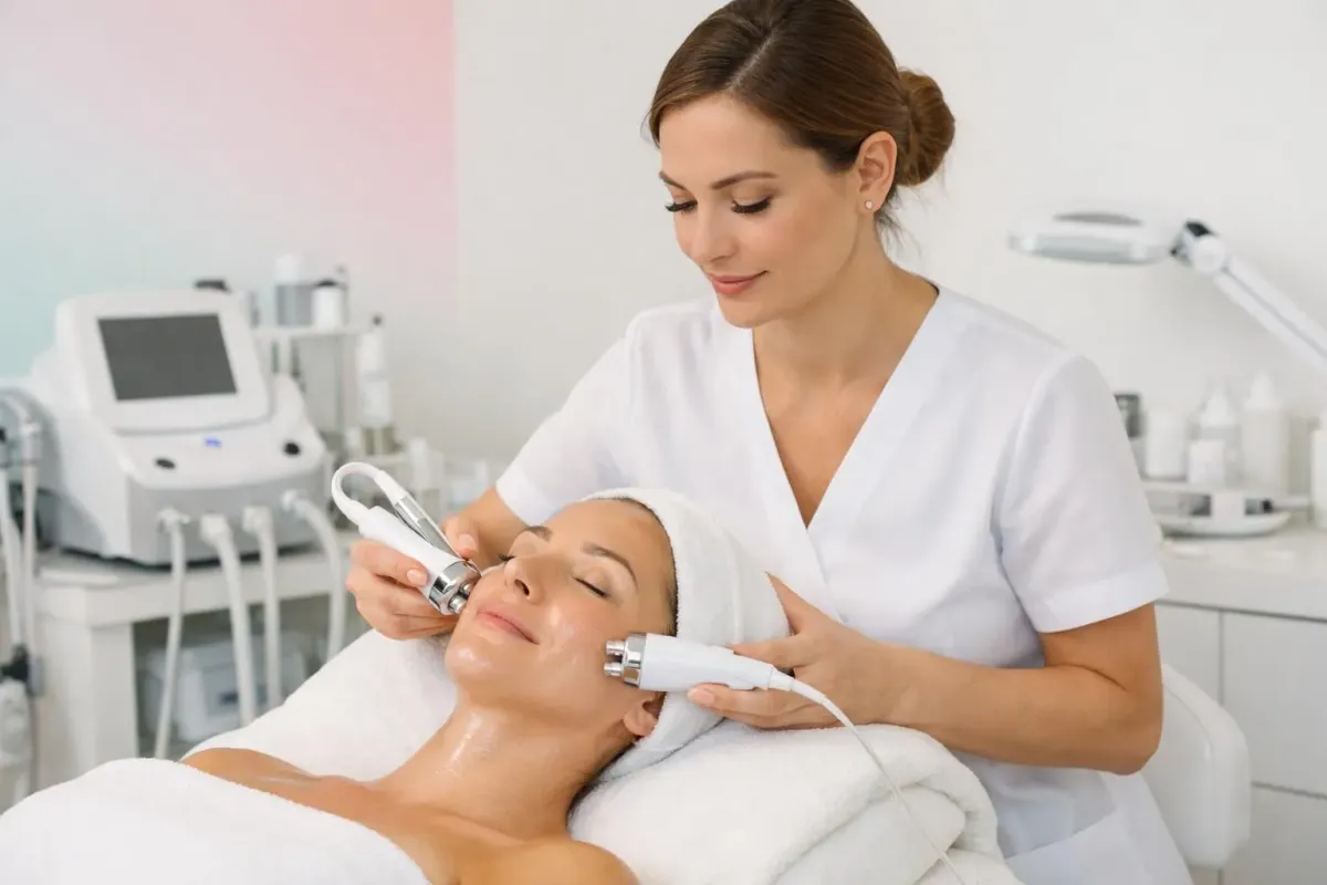Professional beautician performing a facial treatment with advanced technology on a relaxed client lying on treatment bed in modern, luminous spa room with white and cream tones, professional equipment visible in background, focused on skin radiance care