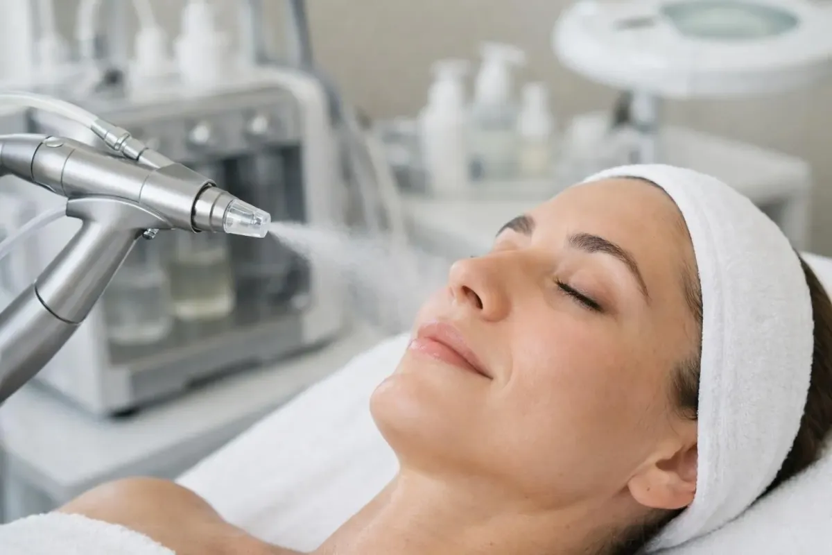 Close-up view of modern JetPeel facial treatment device releasing fine mist spray onto a woman's face in a clean clinical beauty salon setting with soft natural lighting, professional skincare equipment visible in background, focus on the innovative contactless technology and skin rejuvenation process