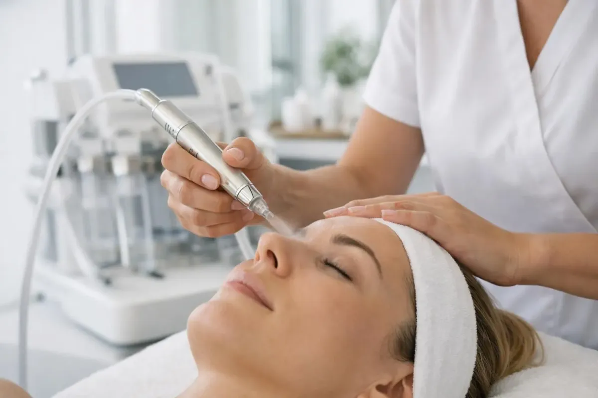 Modern beauty spa treatment room with professional aesthetician performing JetPeel facial treatment on client in Lausanne, sleek equipment visible, natural lighting, clean minimalist Swiss aesthetic, focus on facial skincare technology and professional care environment