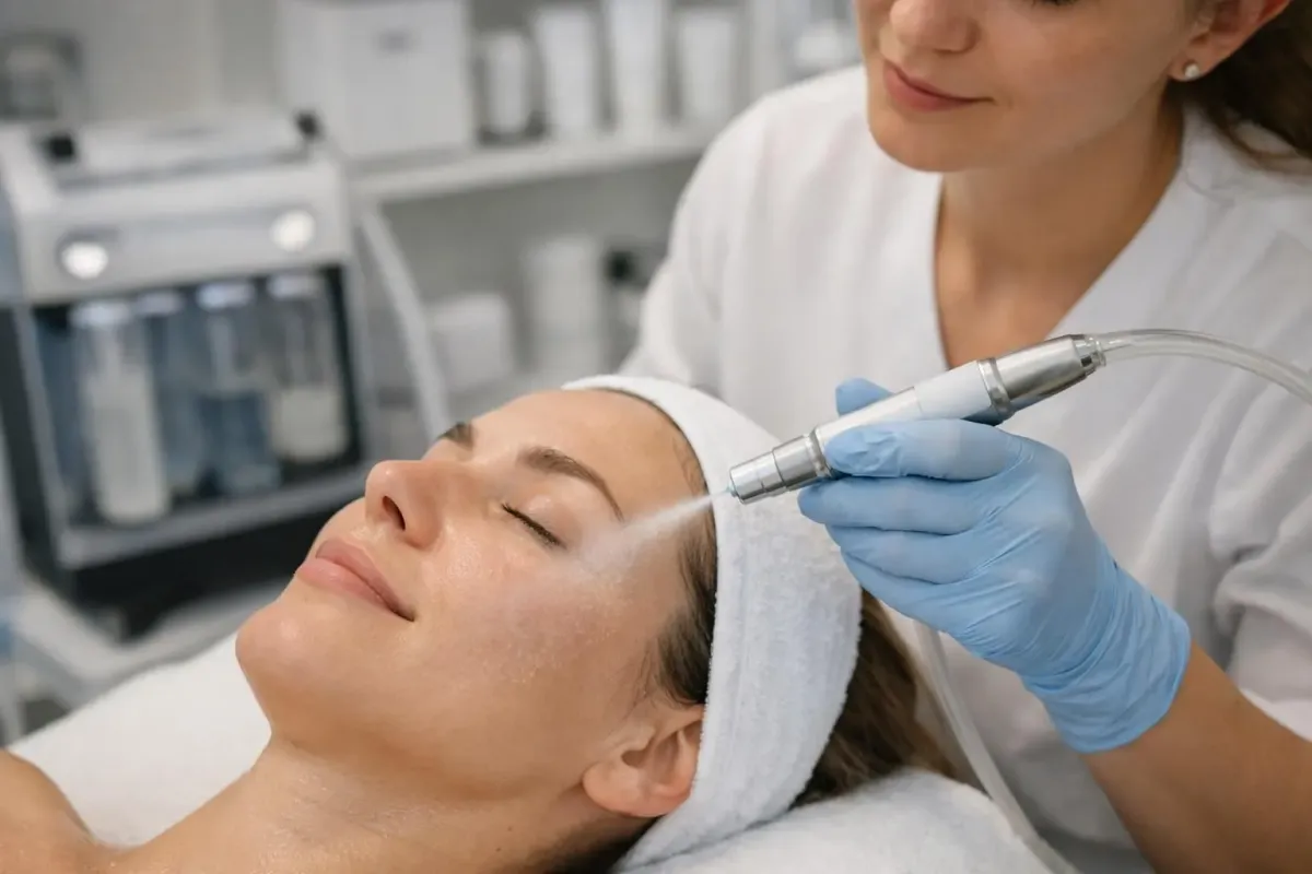 Close-up view of a JetPeel facial treatment device directing a fine stream of mist onto a woman's cheek in a modern beauty clinic in Lausanne, with the esthetician's gloved hand holding the applicator near the client's relaxed face, showing the non-invasive hydrating jet technology in action during the treatment process
