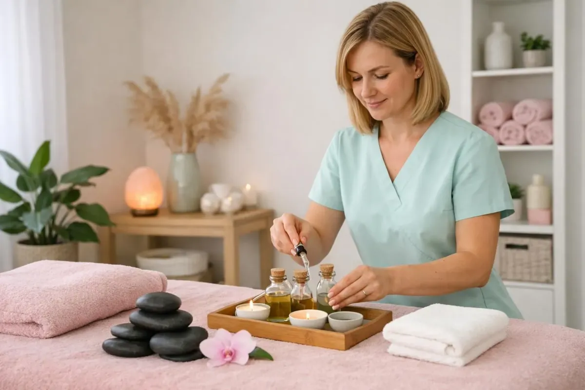 Professional massage therapist preparing aromatic oils and heated stones on treatment table in serene wellness institute room with soft lighting and natural elements, Renens beauty center setting