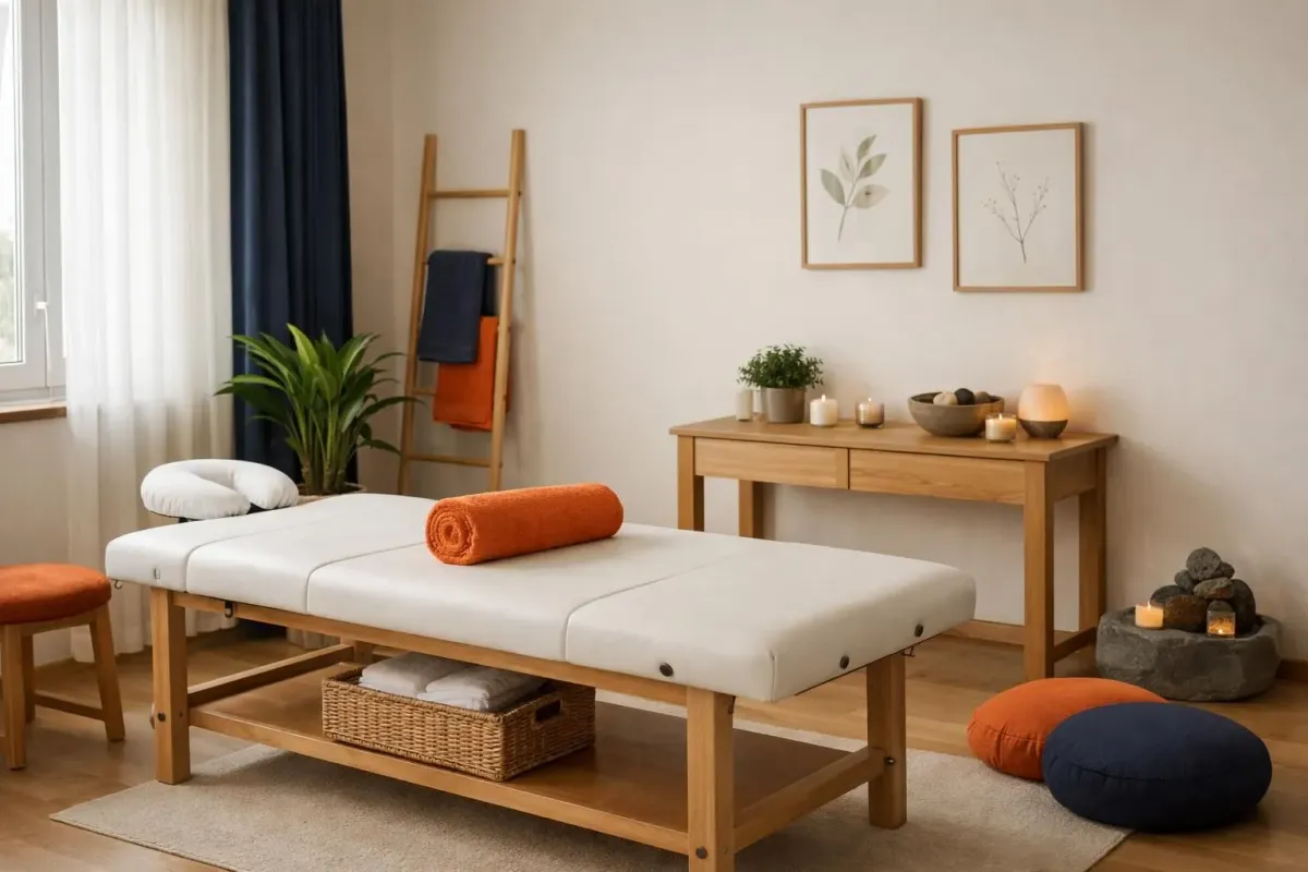 Professional massage therapist performing deep tissue massage on a client in a serene treatment room with warm lighting, natural wooden elements, and calming atmosphere representing wellness services in Renens