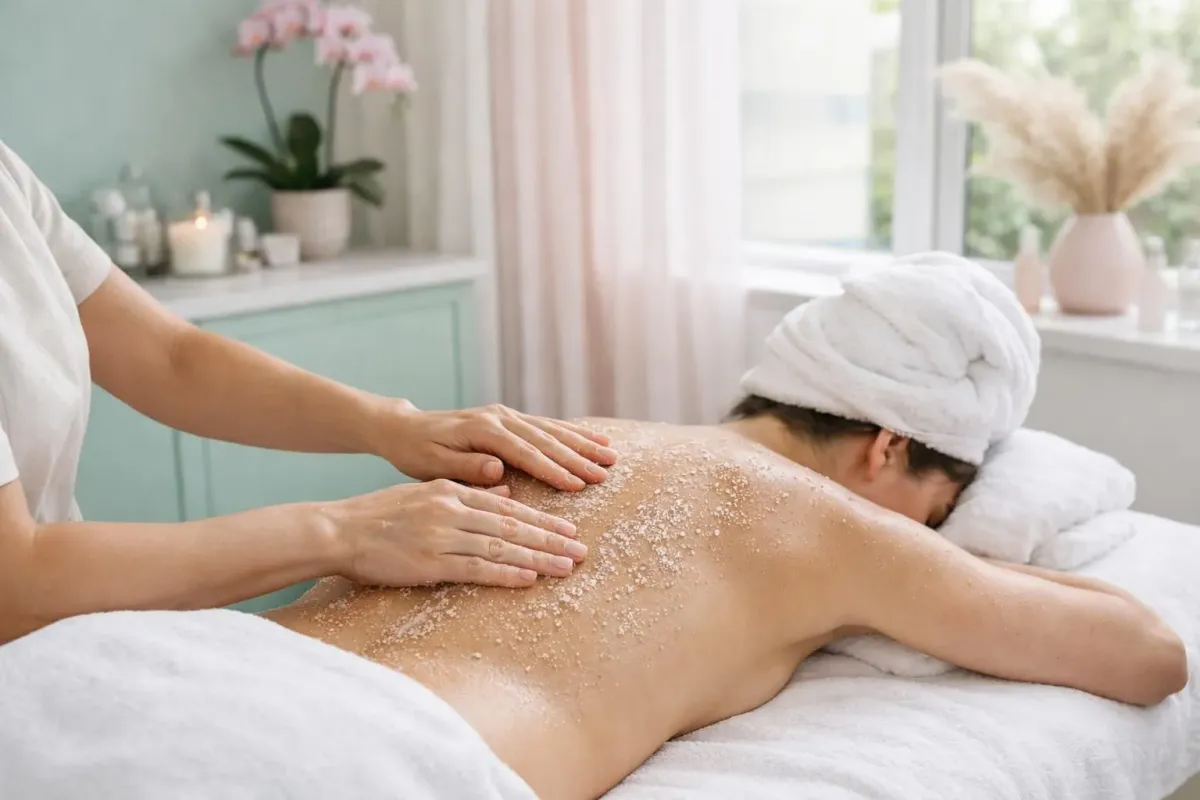 Professional beautician performing body scrub exfoliation treatment on client in modern spa treatment room with natural lighting at Institut Perle, showing hands applying scrub product to back in relaxing wellness environment