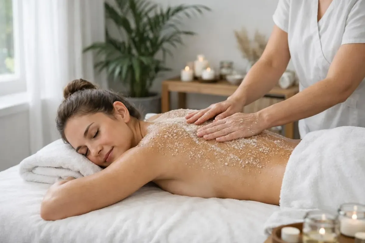 Woman receiving professional body scrub treatment on massage table in elegant spa room with natural light and botanical elements, therapist's hands applying exfoliating product to client's back in serene wellness environment