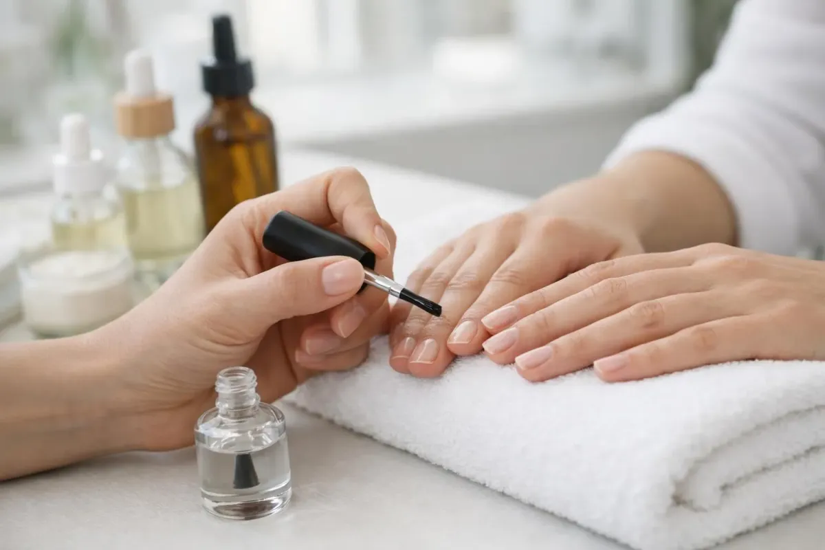 Prothésiste esthéticienne appliquant vernis naturel transparent sur ongles féminins dans institut lumineux, avec flacons produits bio et serviette coton blanc sur table de soin