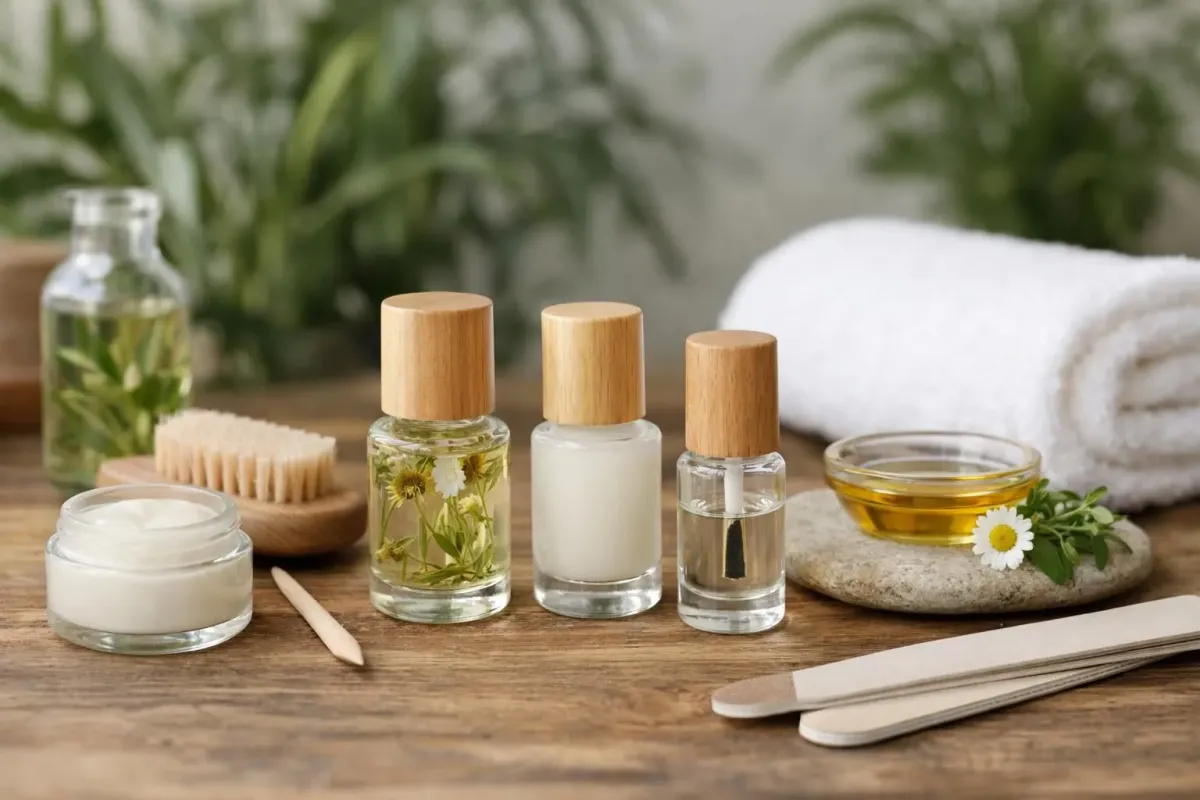Close-up of natural organic nail care products with botanical ingredients displayed on wooden surface in bright modern spa setting with green plants in background representing Swiss bio beauty standards