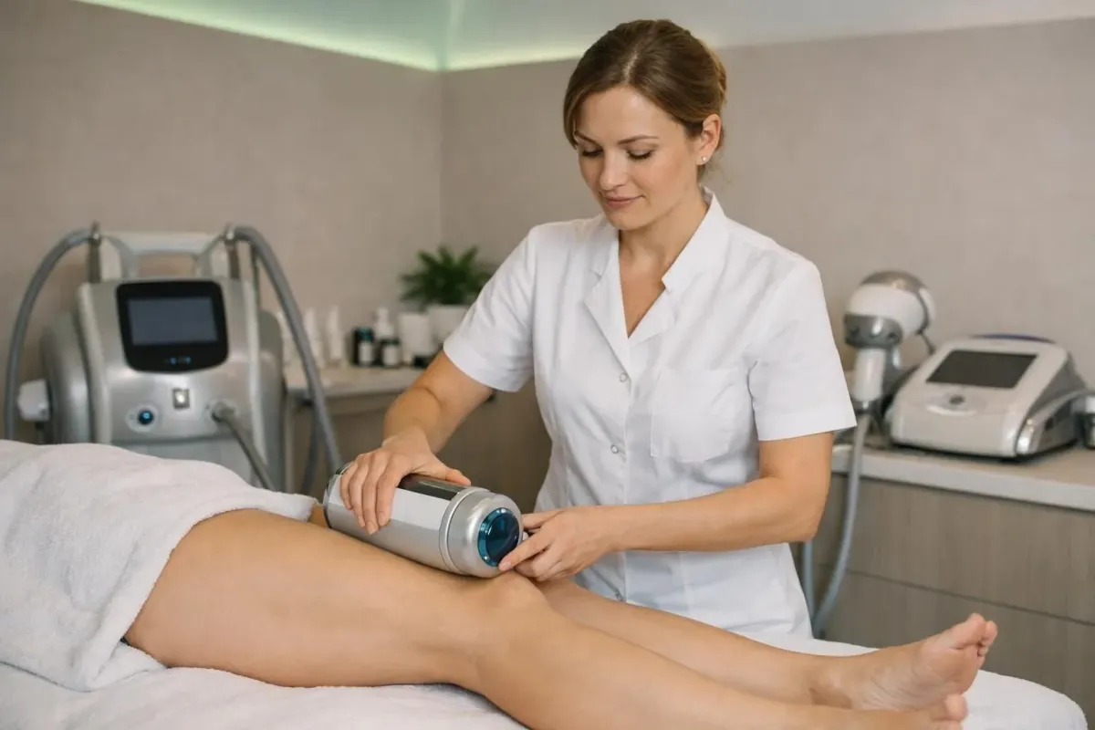 Modern spa treatment room showing endosphère therapy device with rotating spheres being applied to a client's leg during a body contouring session, professional beautician in white coat performing the treatment, soft ambient lighting, clean clinical environment emphasizing wellness and body sculpting technology