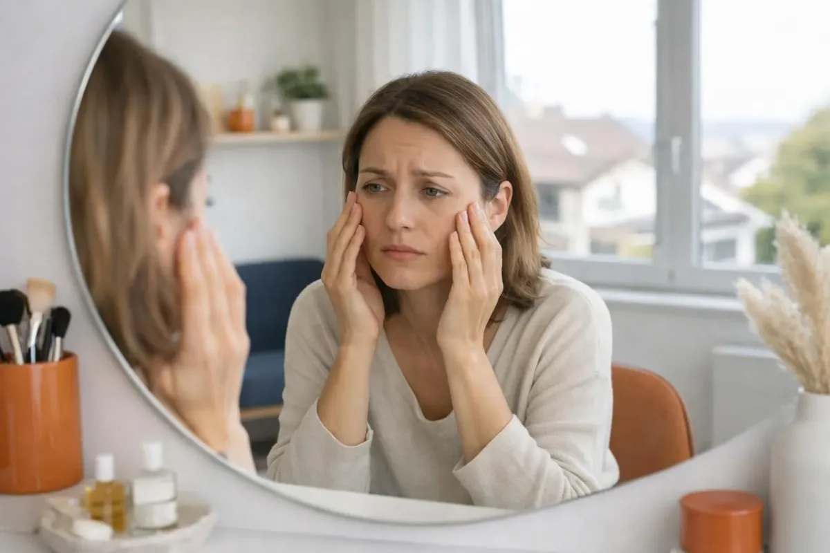 Woman in her thirties examining her dull tired skin closely in a well-lit bathroom mirror, concerned expression, natural daylight coming through window, soft beauty salon atmosphere in Renens Switzerland